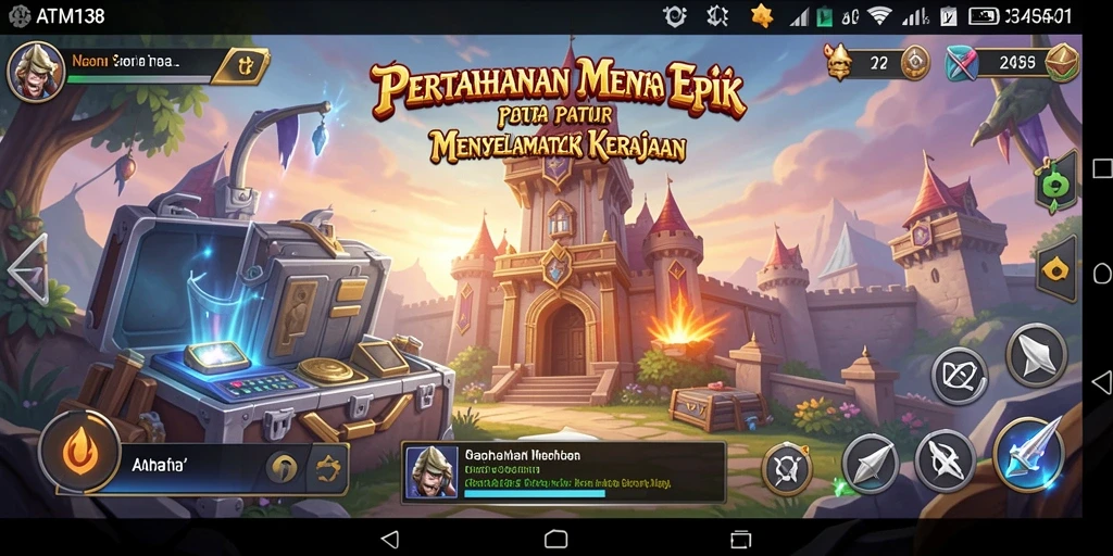 Screenshot gameplay ATM138 menampilkan strategi pertahanan menara yang intens.