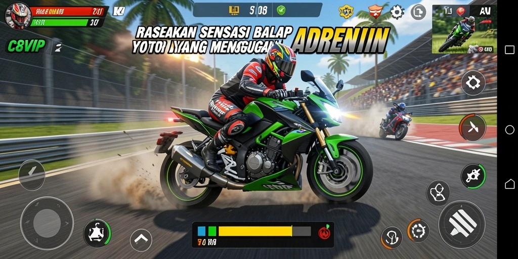 Screenshot utama C8VIP menampilkan aksi balapan motor yang mendebarkan.