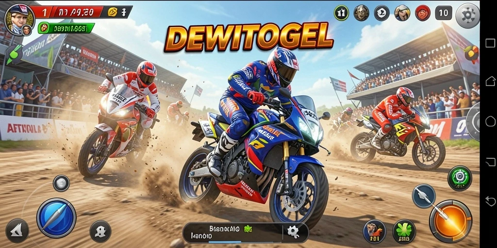 Tampilan gameplay DEWITOGEL, balapan motor yang mendebarkan.