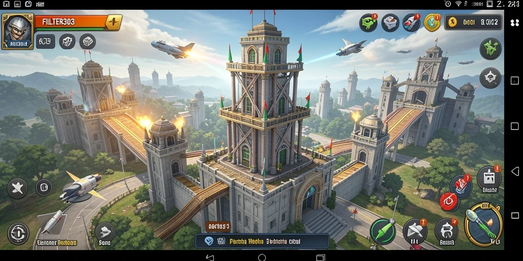 Tampilan gameplay FILTER303 menampilkan aksi menara pertahanan yang seru dan strategis.