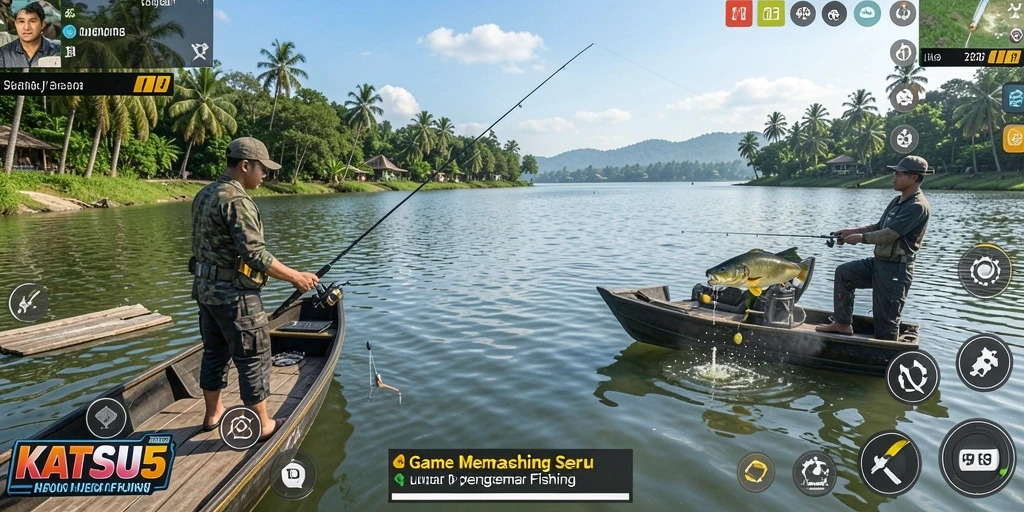 Screenshot gameplay KATSU5 yang menampilkan pengalaman memancing yang mengasyikkan.