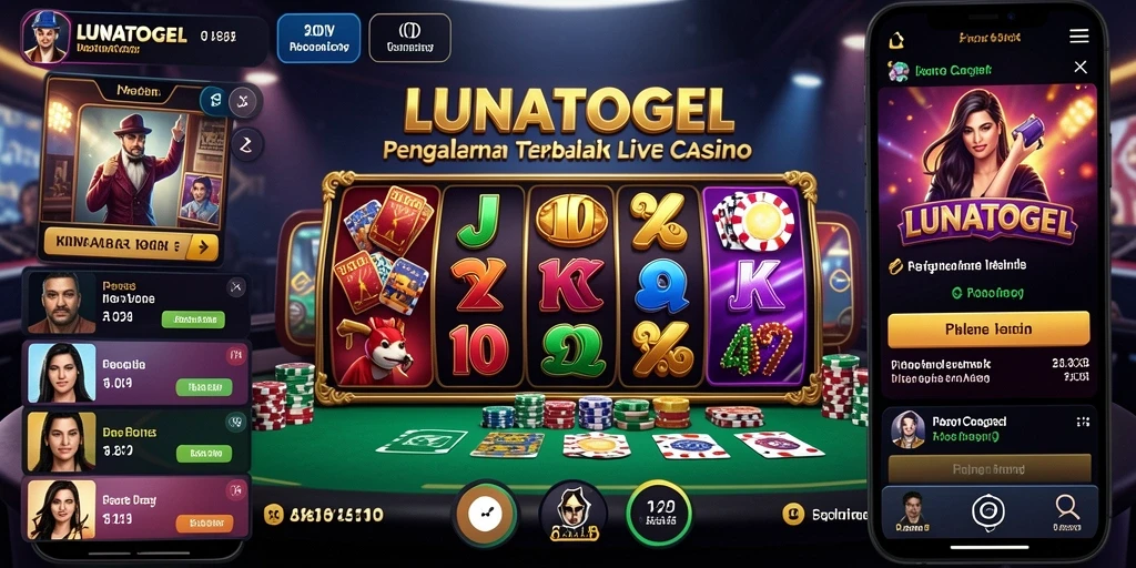 Screenshot utama menampilkan dealer Live Casino dan suasana permainan yang mendebarkan.