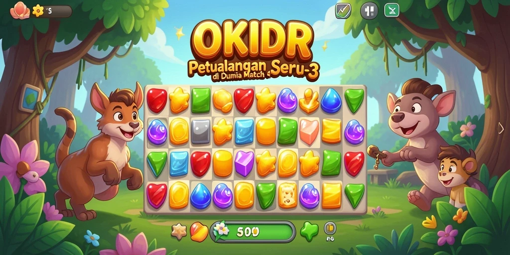 Tampilan gameplay OKIDR yang penuh warna dengan batu permata yang menantang.