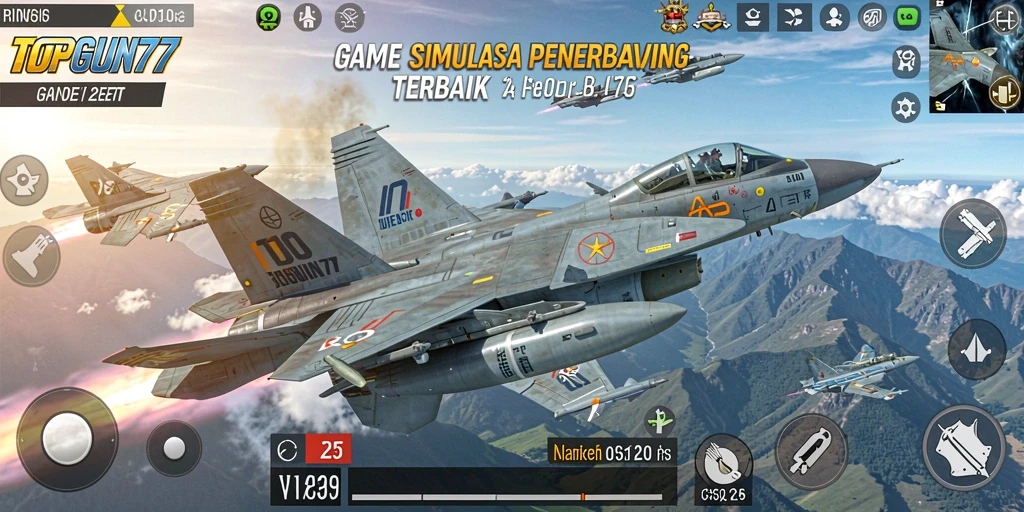 Screenshot gameplay TOPGUN77 yang menunjukkan pesawat terbang di langit biru.