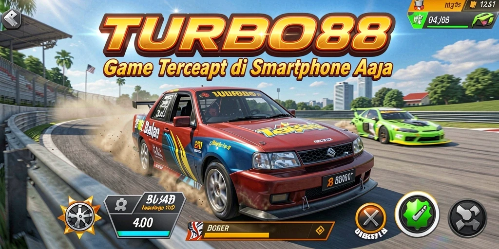 Screenshot gameplay TURBO88 menampilkan aksi balap yang mendebarkan dan mobil-mobil keren.