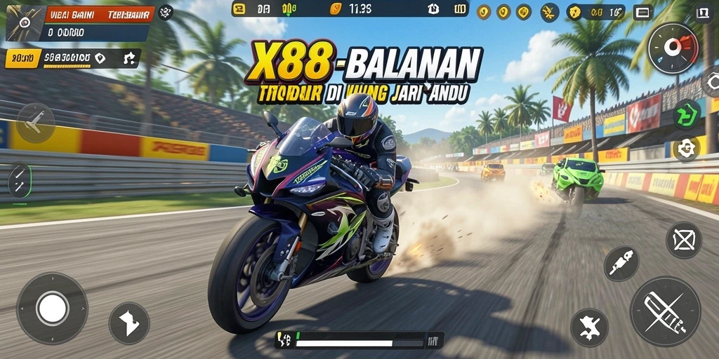 Gameplay seru X88 dengan balapan motor yang mendebarkan.